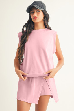 Light Pink 2 Pieces Mineral Wash Cotton Tank Top Lined Split Skort Set