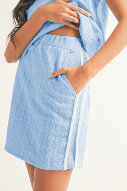 Beau Blue Contrast Trim Textured Crewneck Tee and Pocketed Skirt Set