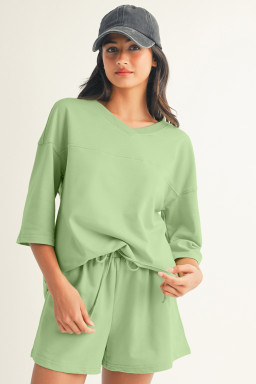 Meadow Mist Green Solid Loose V Neck Half Sleeve Tee and Shorts