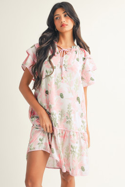 Pink Floral Contrast Edge Layered Short Sleeve Mini Dress