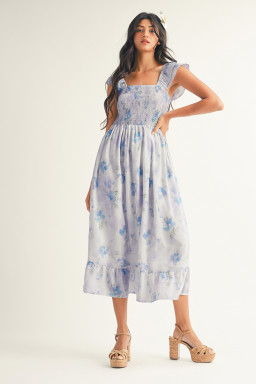 Sky Blue Floral Smocked High Waist Double Ruffle Sleeveless Long Dress