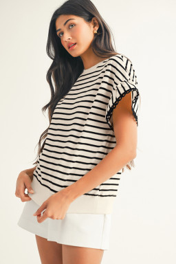 Black Stripe Scallop Lace Trim Ruffle Short Sleeves Crewneck Top