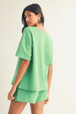 Mint Green V Neck Drop Shoulder Tee and Patchwork Drawstring Elastic Waistband Shorts Set