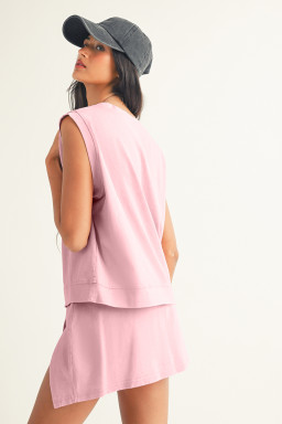 Light Pink 2 Pieces Mineral Wash Cotton Tank Top Lined Split Skort Set