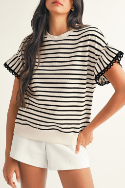 Black Stripe Scallop Lace Trim Ruffle Short Sleeves Crewneck Top