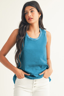 Peacock Blue Metallic Sheen Edge Scoop Neck Tank Top