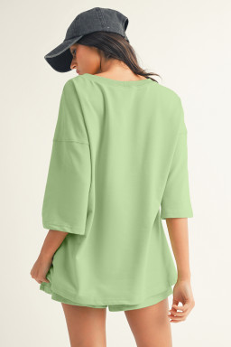 Meadow Mist Green Solid Loose V Neck Half Sleeve Tee and Shorts