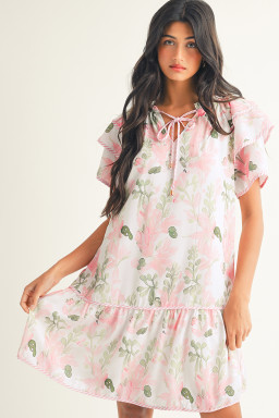 Pink Floral Contrast Edge Layered Short Sleeve Mini Dress