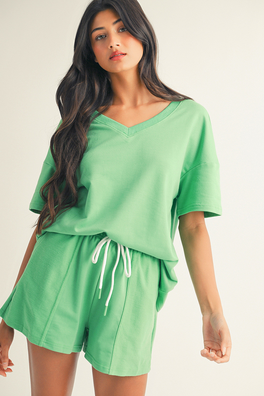 Mint Green V Neck Drop Shoulder Tee and Patchwork Drawstring Elastic Waistband Shorts Set