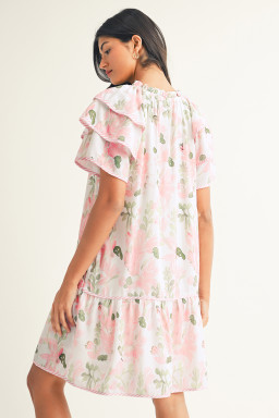 Pink Floral Contrast Edge Layered Short Sleeve Mini Dress