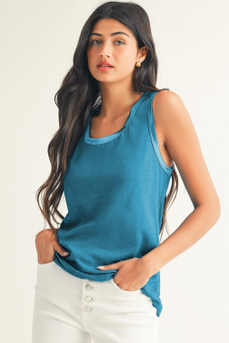 Peacock Blue Metallic Sheen Edge Scoop Neck Tank Top