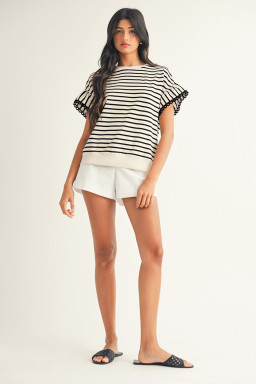 Black Stripe Scallop Lace Trim Ruffle Short Sleeves Crewneck Top