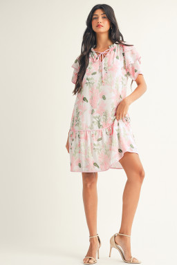 Pink Floral Contrast Edge Layered Short Sleeve Mini Dress