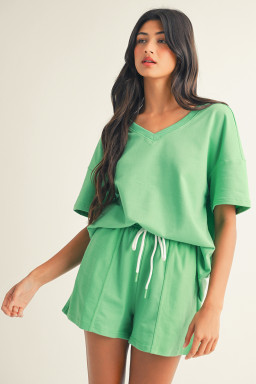 Mint Green V Neck Drop Shoulder Tee and Patchwork Drawstring Elastic Waistband Shorts Set