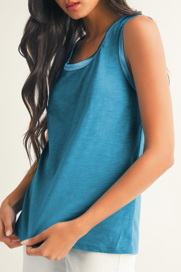 Peacock Blue Metallic Sheen Edge Scoop Neck Tank Top
