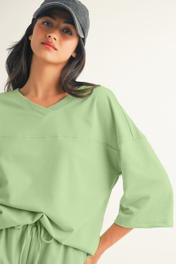 Meadow Mist Green Solid Loose V Neck Half Sleeve Tee and Shorts