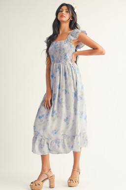 Sky Blue Floral Smocked High Waist Double Ruffle Sleeveless Long Dress