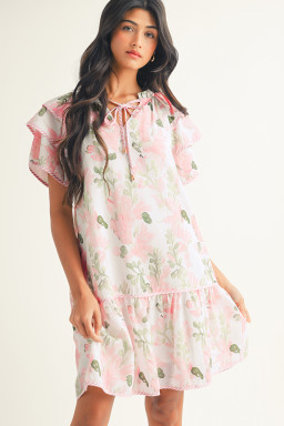 Pink Floral Contrast Edge Layered Short Sleeve Mini Dress