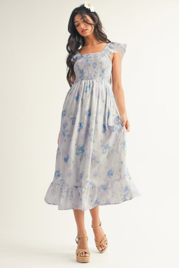 Sky Blue Floral Smocked High Waist Double Ruffle Sleeveless Long Dress