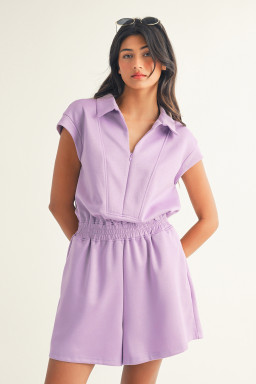 Orchid Bouquet Short Sleeve Zipper Collared Elastic High Waist Romper