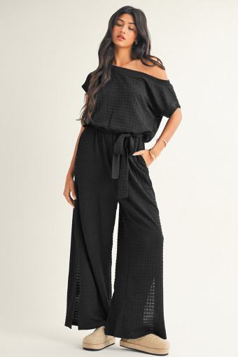 Black Checkered Mesh One Shoulder Short Sleeve Knotted Waist Jumpsuit