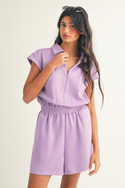 Orchid Bouquet Short Sleeve Zipper Collared Elastic High Waist Romper
