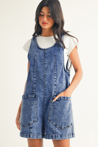 Dusk Blue Sleeveless U Neck Patched Pocket Denim Romper