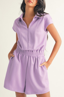Orchid Bouquet Short Sleeve Zipper Collared Elastic High Waist Romper