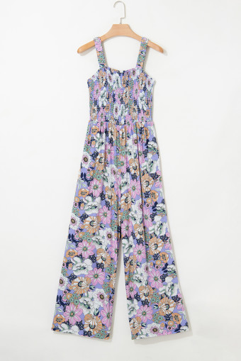Purple Floral Print Smocked High Waist Square Neck Jumpsuit