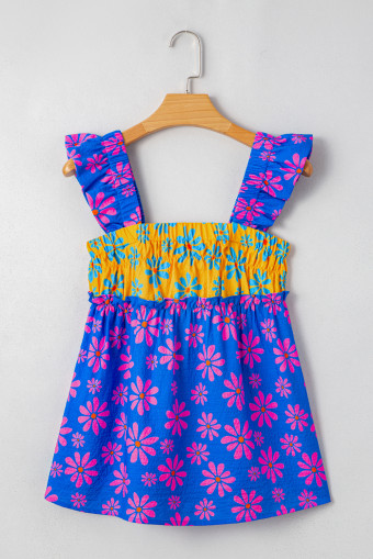 Blue Floral Colorblock Flutter Straps Flowy Tank Top