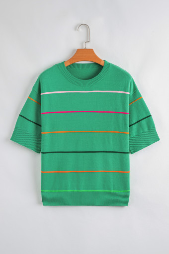 Green Colorblock Striped Half Sleeve Drop Shoulder Sweater