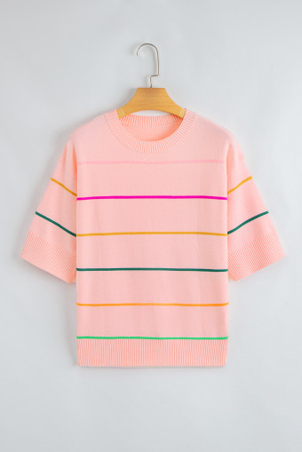 Pink Colorblock Striped Half Sleeve Drop Shoulder Sweater