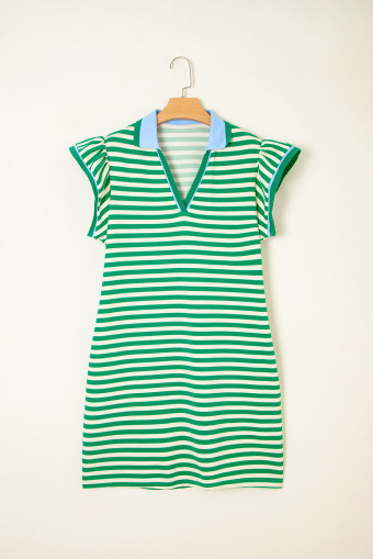 Green Stripe Print Contrast Collar Split Neck Flutter Sleeve Short Dress