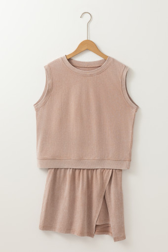 Smoke Gray 2 Pieces Mineral Wash Cotton Tank Top Lined Split Skirt Set