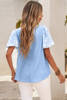 Beau Blue Lace Insert Floral Puff Sleeve Patchwork Loose Blouse