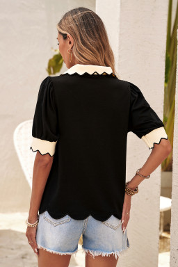 Black Color Contrast Collared V Neck Puff Sleeve Blouse