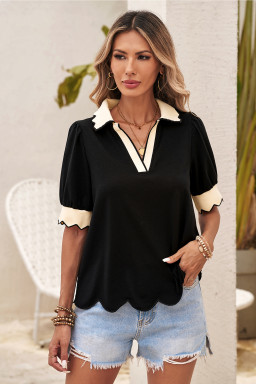 Black Color Contrast Collared V Neck Puff Sleeve Blouse