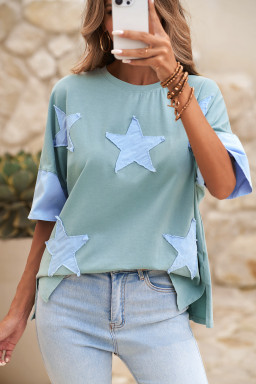 Smoke Green Frayed Denim Star Patched Oversize T Shirt