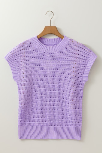 Lavendula Pointelle knit Ribbed Trim Short Sleeve Sweater