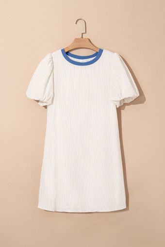 Beige Stripe Seersucker Contrast Round Neck Puff Sleeve T Shirt Dress