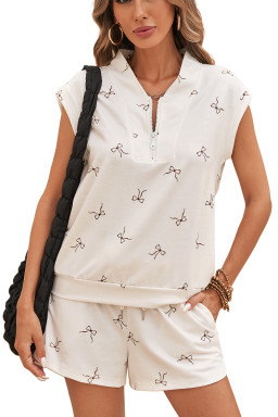 Beige Bow Print Half Zip Tank and Shorts 2pcs Set