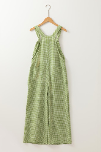 Green Gingham Wide Leg Loose Overall with Pockets