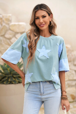 Smoke Green Frayed Denim Star Patched Oversize T Shirt