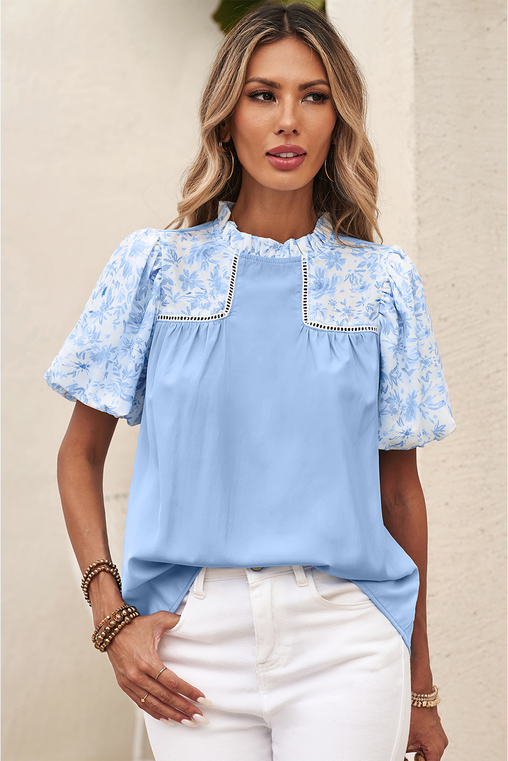 Beau Blue Lace Insert Floral Puff Sleeve Patchwork Loose Blouse