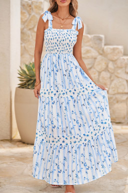 Sky Blue Floral Smocked Tied Straps A-Lined Tiered Maxi Dress