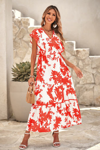 Red Floral Print Trimmed V Neck Ruffle Sleeve Long Dress