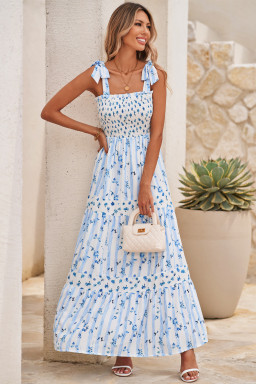 Sky Blue Floral Smocked Tied Straps A-Lined Tiered Maxi Dress