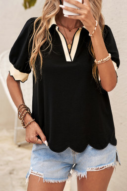 Black Color Contrast Collared V Neck Puff Sleeve Blouse