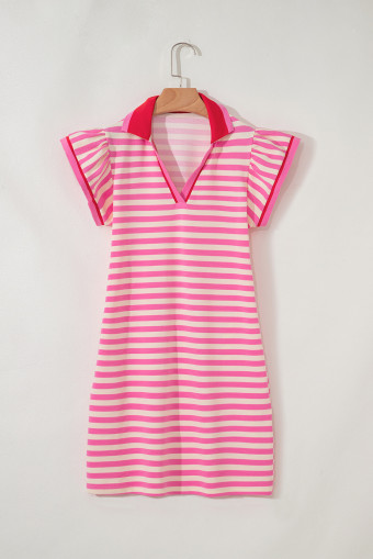 Sachet Pink Stripe Print Contrast Collar Split Neck Flutter Sleeve Short Dress