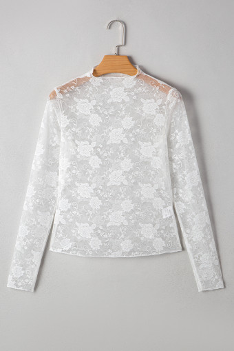 White Sheer Floral Lace Mesh Mock Neck Long Sleeve Top